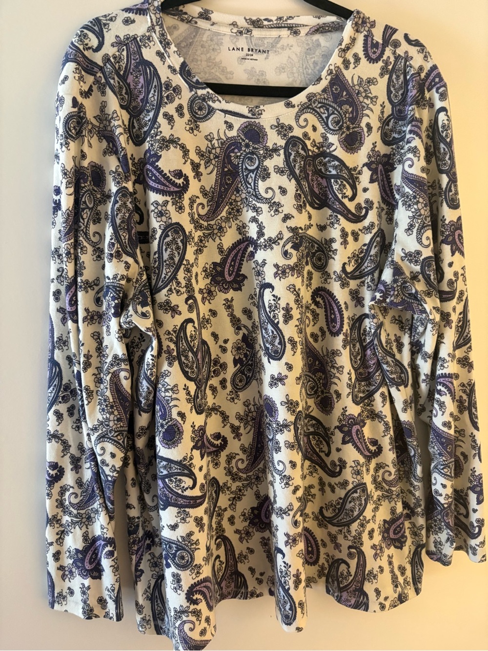 Lane Bryant Cream Paisley Long Sleeve Tee with Purple and Navy Accents